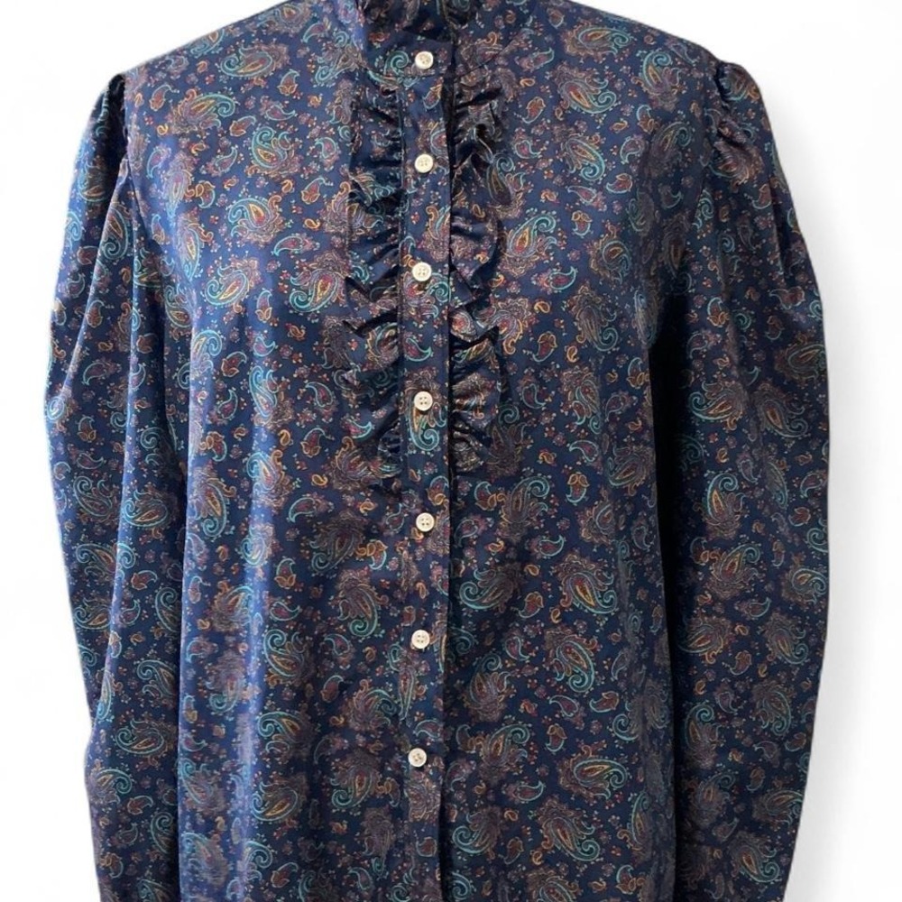 Lucky Me Blouse VTG Large Blue Paisley Excellent Ruffle Victorian Made in USA